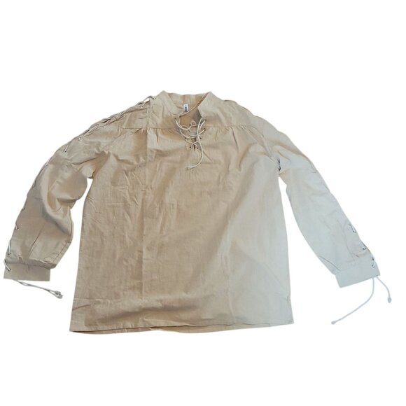 Mens Large Medieval Renaissance Lace-Up Linen Shirt Beige Long Sleeve Pirate - Picture 7 of 12